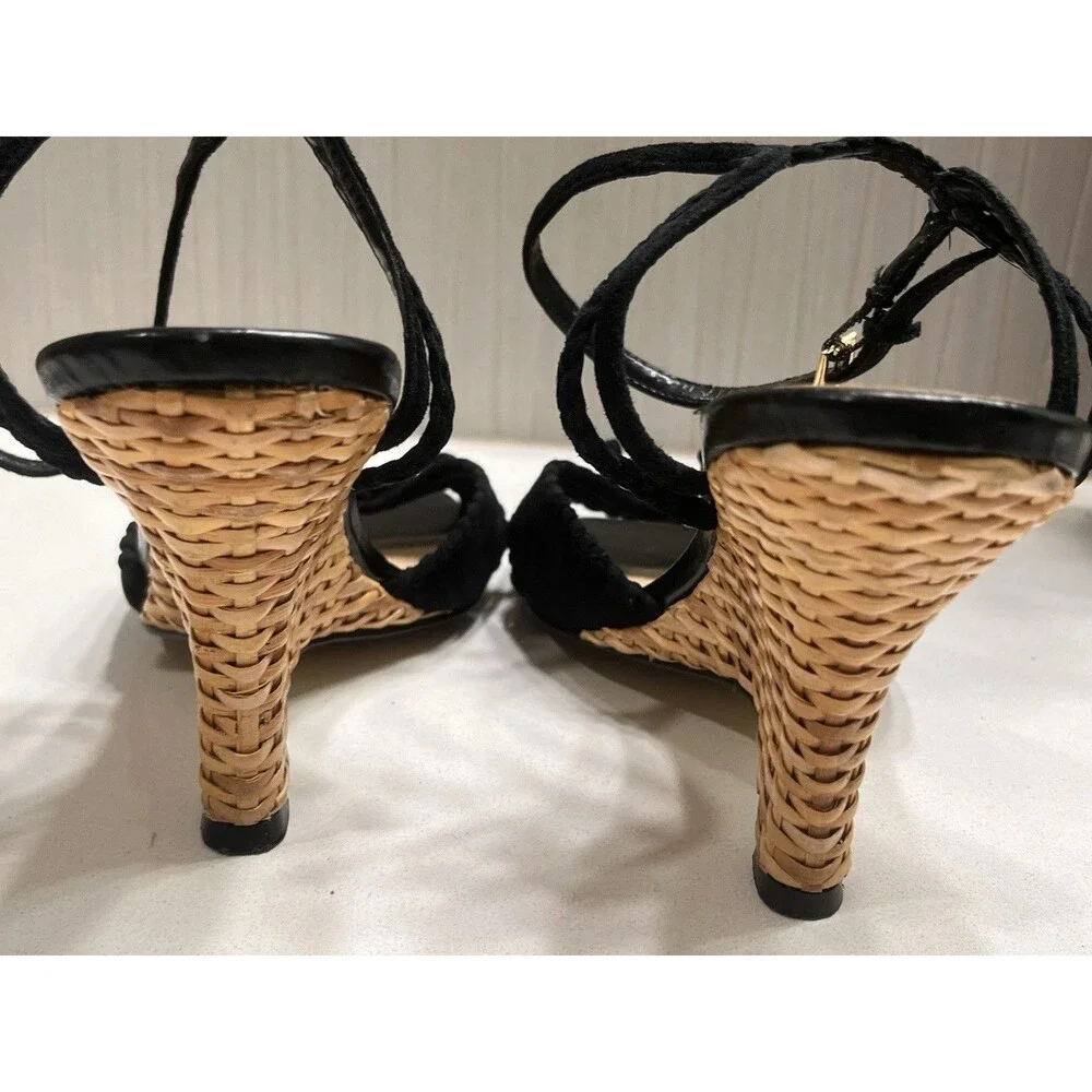 Franco Sarto Black Leather L-Jive Ankle Strap Wicker Wedge Heel Sandal Sz 8 1/2